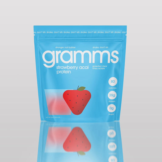 GRAMMS Clear Protein Powder Packets 20G Protein for Women & Men | Clear Protein Drink | No Sucralose, Lactose, Gluten, or Sugar | Grass-Fed Whey Isolate, Gut Friendly (Strawberry Acai-18 Servings)